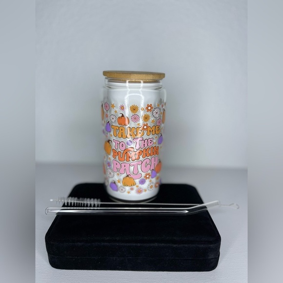 NWOT Pumpkin Patch Colorful Party 16oz Tumbler Bamboo Glass Straw Fall - Picture 8 of 8